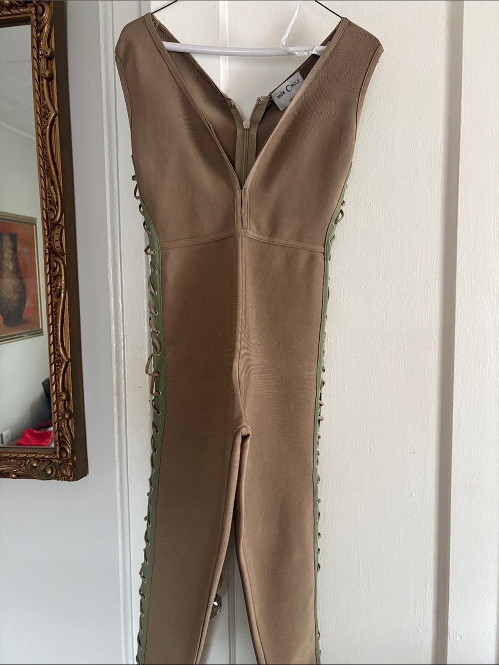 Sleeveless Taupe Jumpsuit with Olive Lace-Up Sides